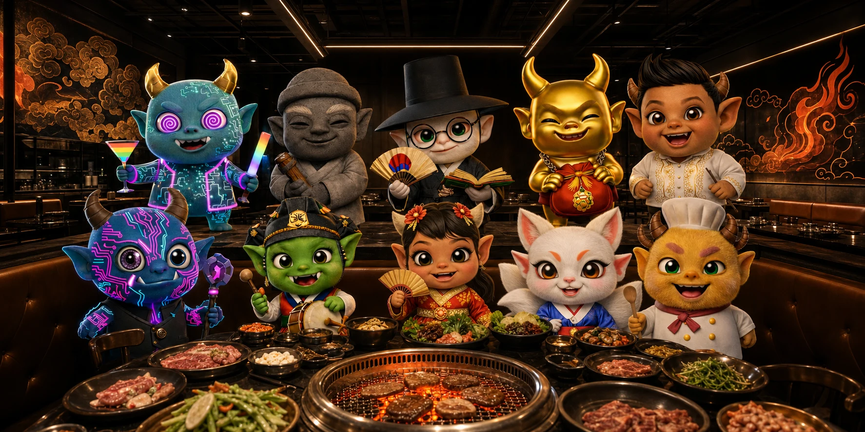 The DOKEBI character family gathered around a Korean BBQ table